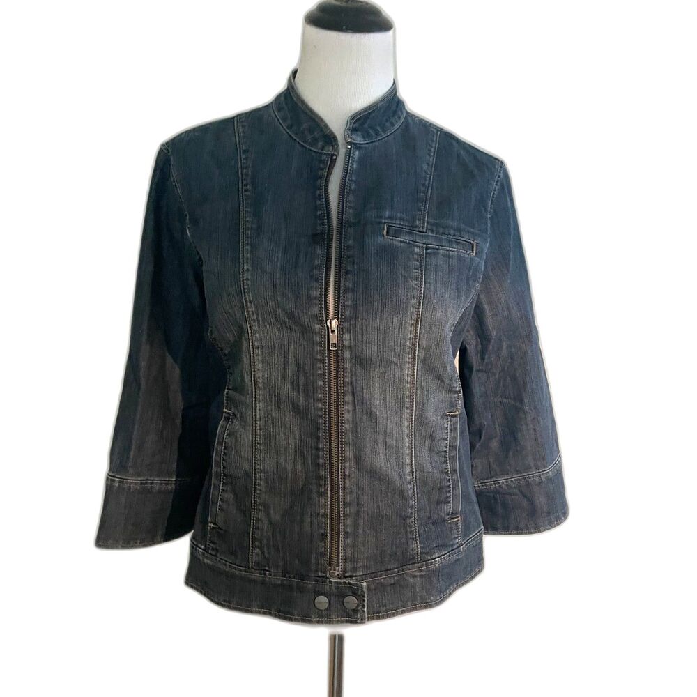 Coldwater Creek Denim Jean Jacket Front Zip Mandarin Collar Cotton Elastane 16